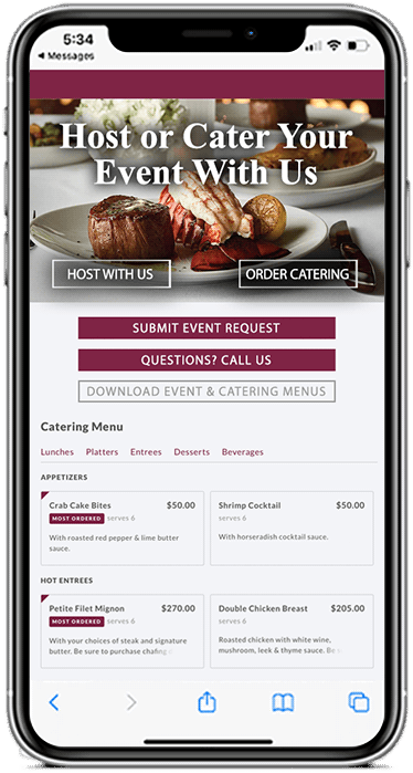 Image of phone with website for catering menu on it